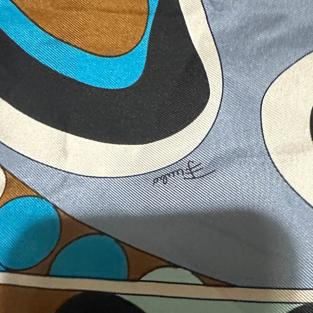 🆕Emilio Pucci Blue, Turquoise & Brown Swirl Print Silk Scarf - Picture 10 of 16